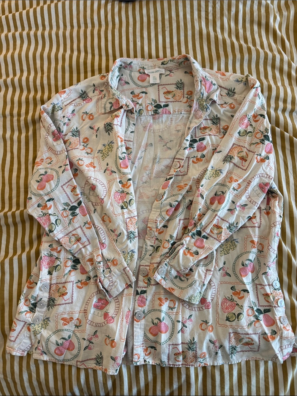 Cynthia Rowley Linen Cream Button-Down Shirt with Pink & Green Fruit Print